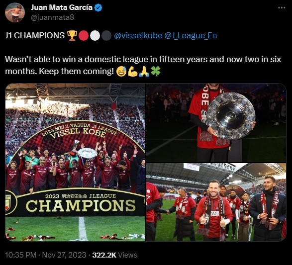 马塔社媒发文:15年没联赛冠军,现在6个月赢了2个,继续来!