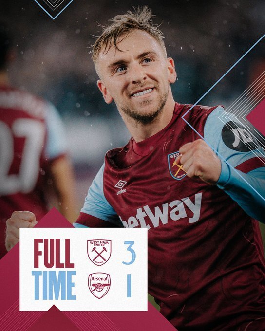 联赛杯-阿森纳1-3西汉姆止步16强,本怀特乌龙鲍文破门+造乌龙