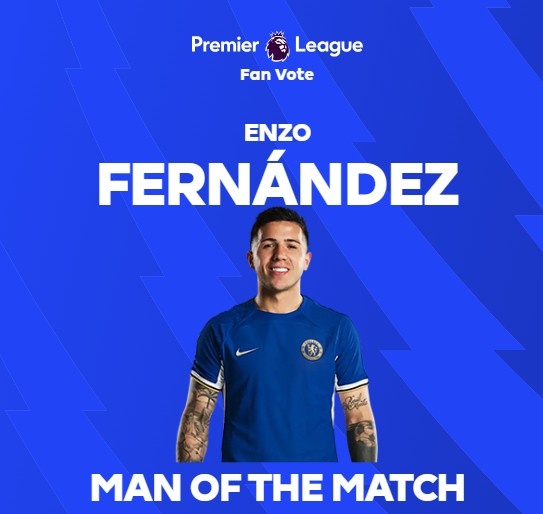 梅开二度!官方:恩佐当选切尔西3-2布莱顿全场最佳球员