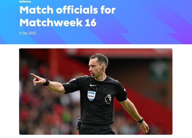 英超第16轮裁判:吉莱特执法维拉阿森纳 卡瓦纳执法热刺纽卡