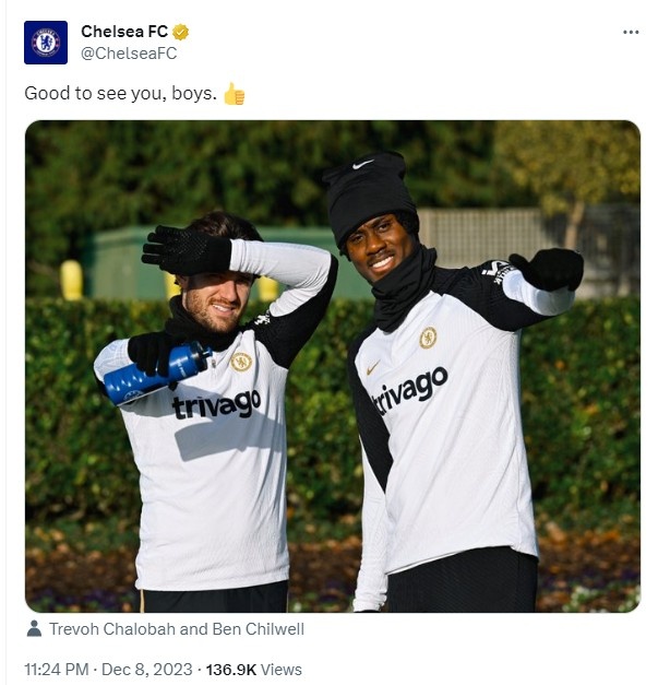 切尔西官方晒照:奇尔维尔和查洛巴两位后卫恢复训练