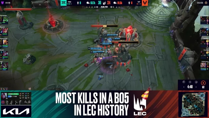 四把比赛199个击杀!FNC和VIT比赛刷新LEC历史BO5最高击杀数
