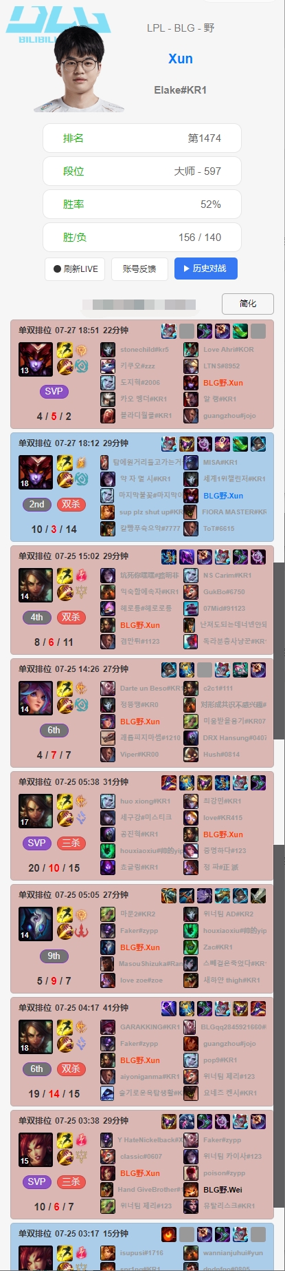 Rank都打不明白?Xun在对面没有职业选手的情况下最近九把只赢了一局