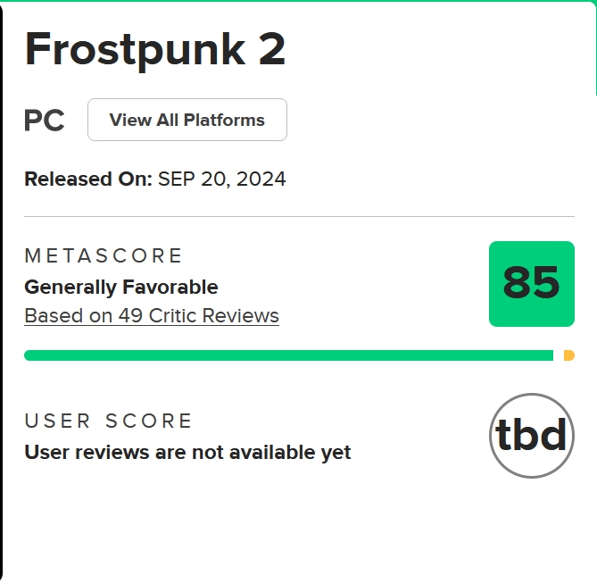 《冰汽时代2》媒体评分公开:MC站均分85 IGN评分为八分
