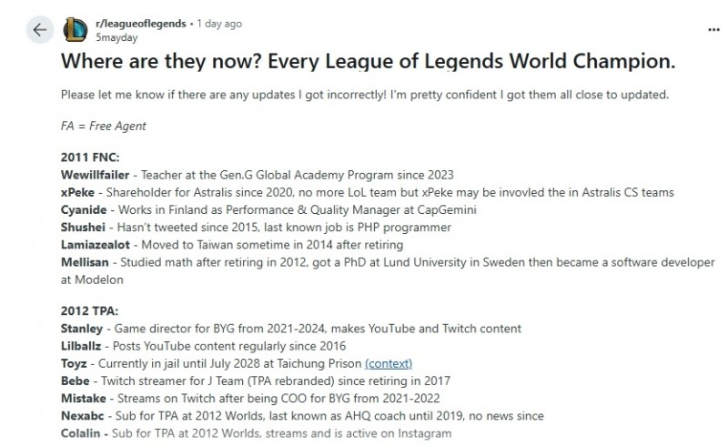 Reddit热议LOL冠军现状?：13年冠军Faker仍在役 Deft准备入伍